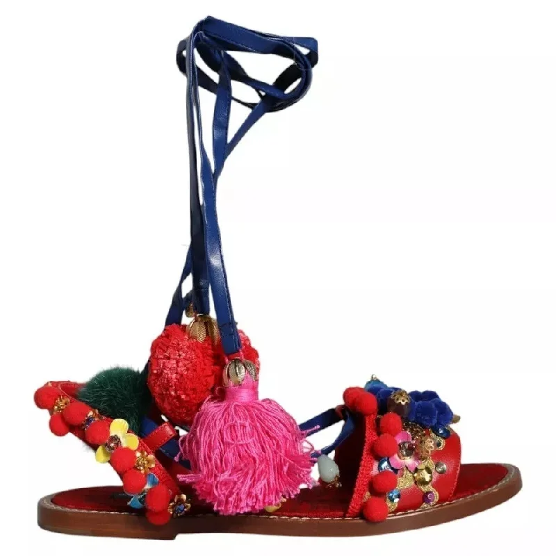 Dolce & Gabbana multi Pom Pom Fur Wrap Sandals Women's Shoes (Pre-Owned)