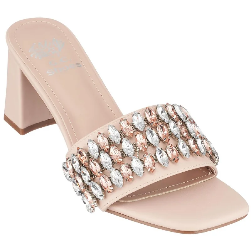 GC Shoes Womens Drais Rhinestone Faux Leather Slide Sandals