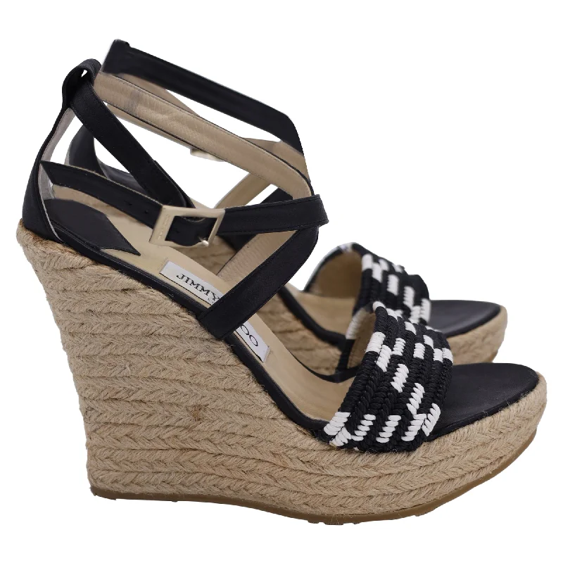 Jimmy Choo Woven Espadrille Wedge Sandals in Black Jute and Leather