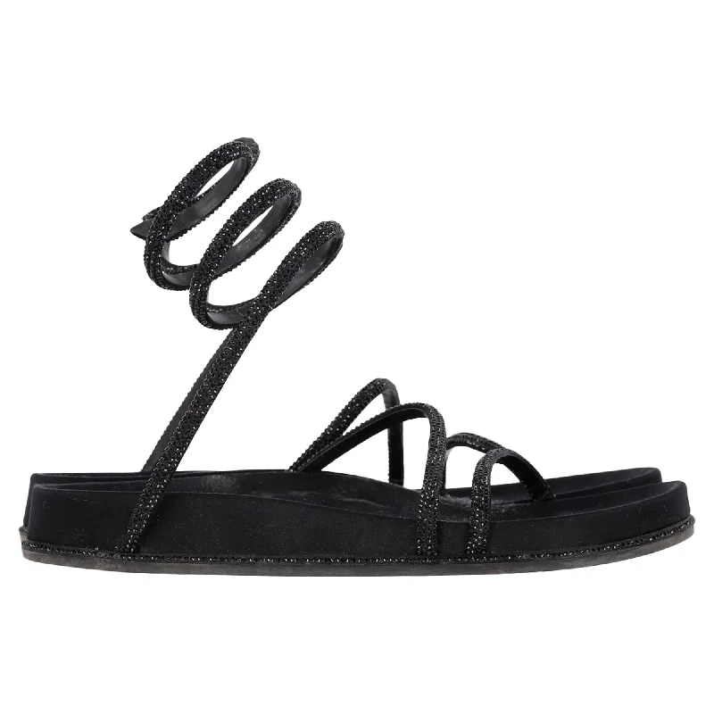 René Caovilla Embellished Sandals in Black Leather