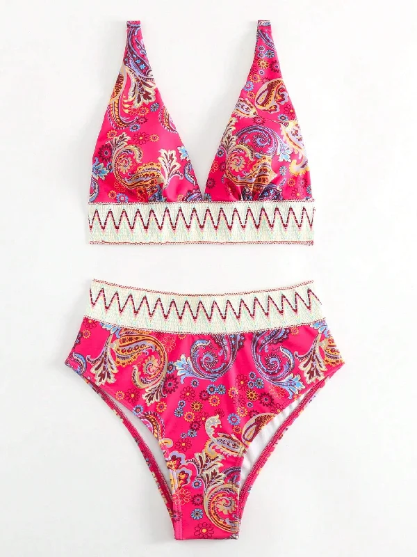 BarbieCore Paisley Print Chevron Tape Bikini Set