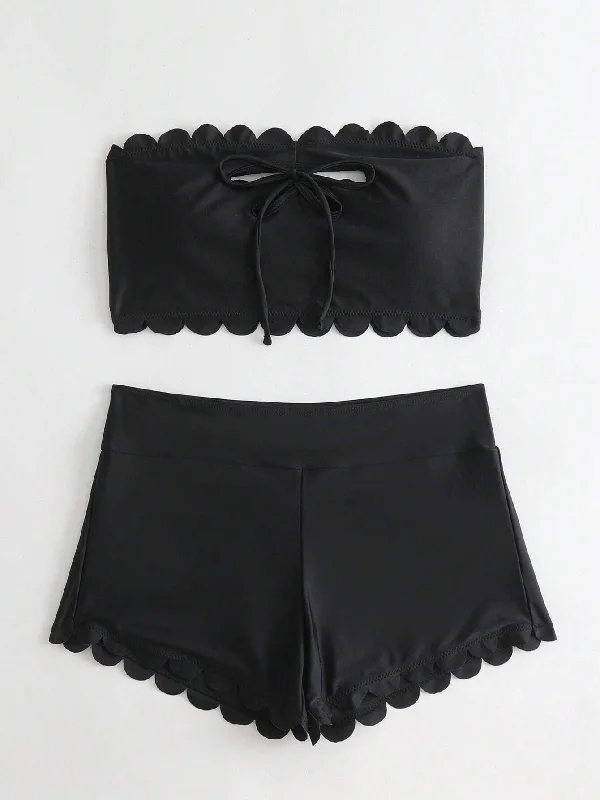 Black Scallop Trim Bandeau Bikini Shorts Set