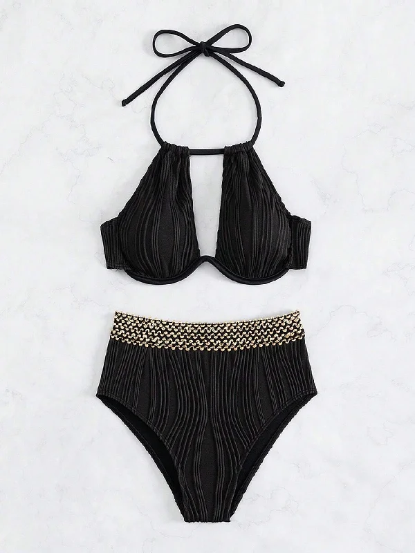 Black Textured & Gold Stitch Detail Halter Underwire Bikini Set