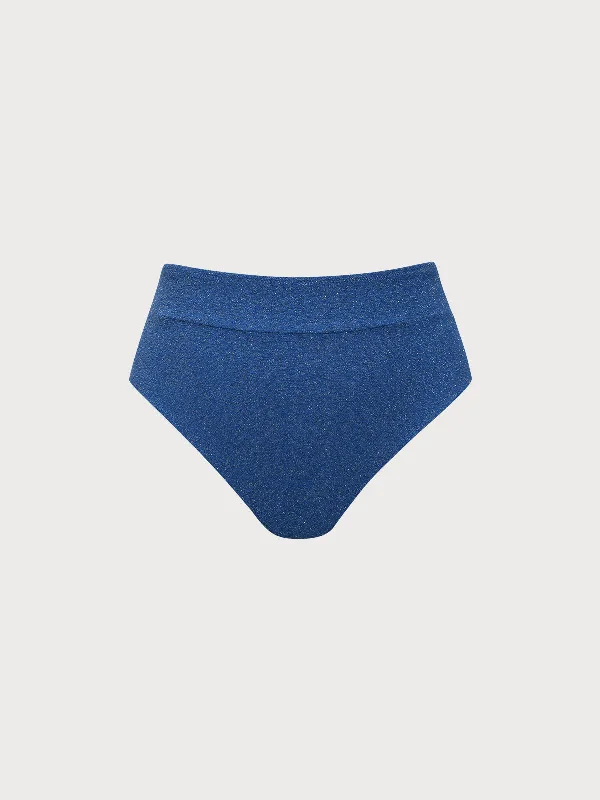 Blue Lurex High Waisted Plus Size Bikini Bottom