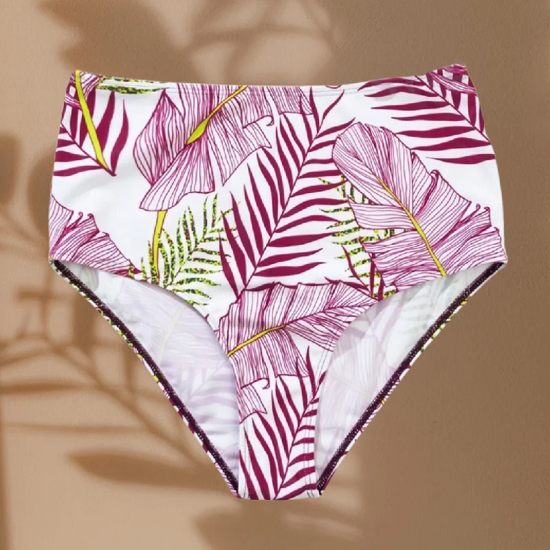 Burgundy Leaf Print High Waist Bikini Bottoms