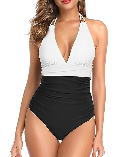 Halter Plunge V-Neck Ruched One Piece Swimsuit