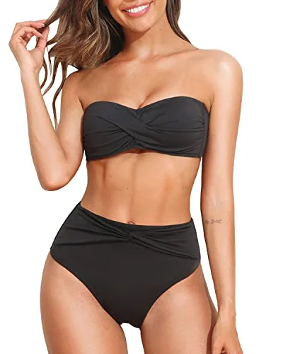 High Waisted Bikini Set Twist Bandeau Bathing Suits