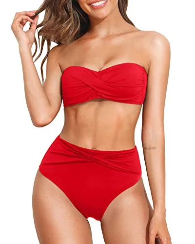 High Waisted Strapless Bikini Set Twist Bandeau Two Piece Swimsuit for Women