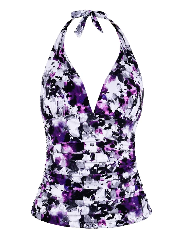 Hilor Women's Plunging V Neck Halter Swim Tops Floral Shirred Tankini Top