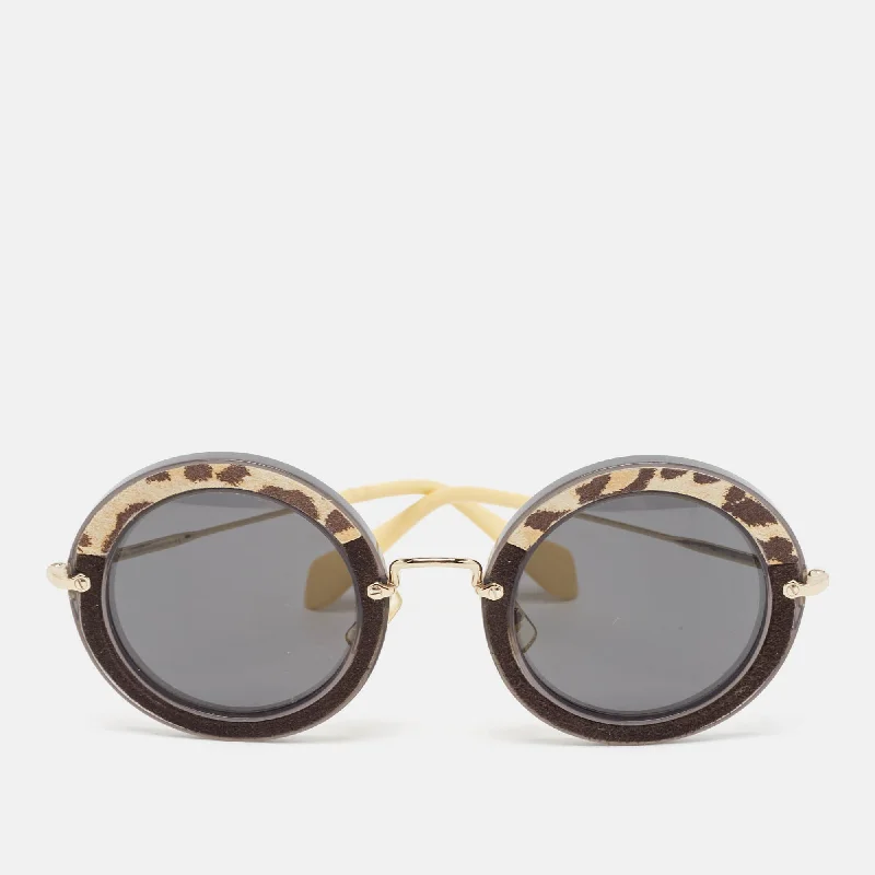 Miu Miu Black Leopard Print Suede Smu08R Round Sunglasses