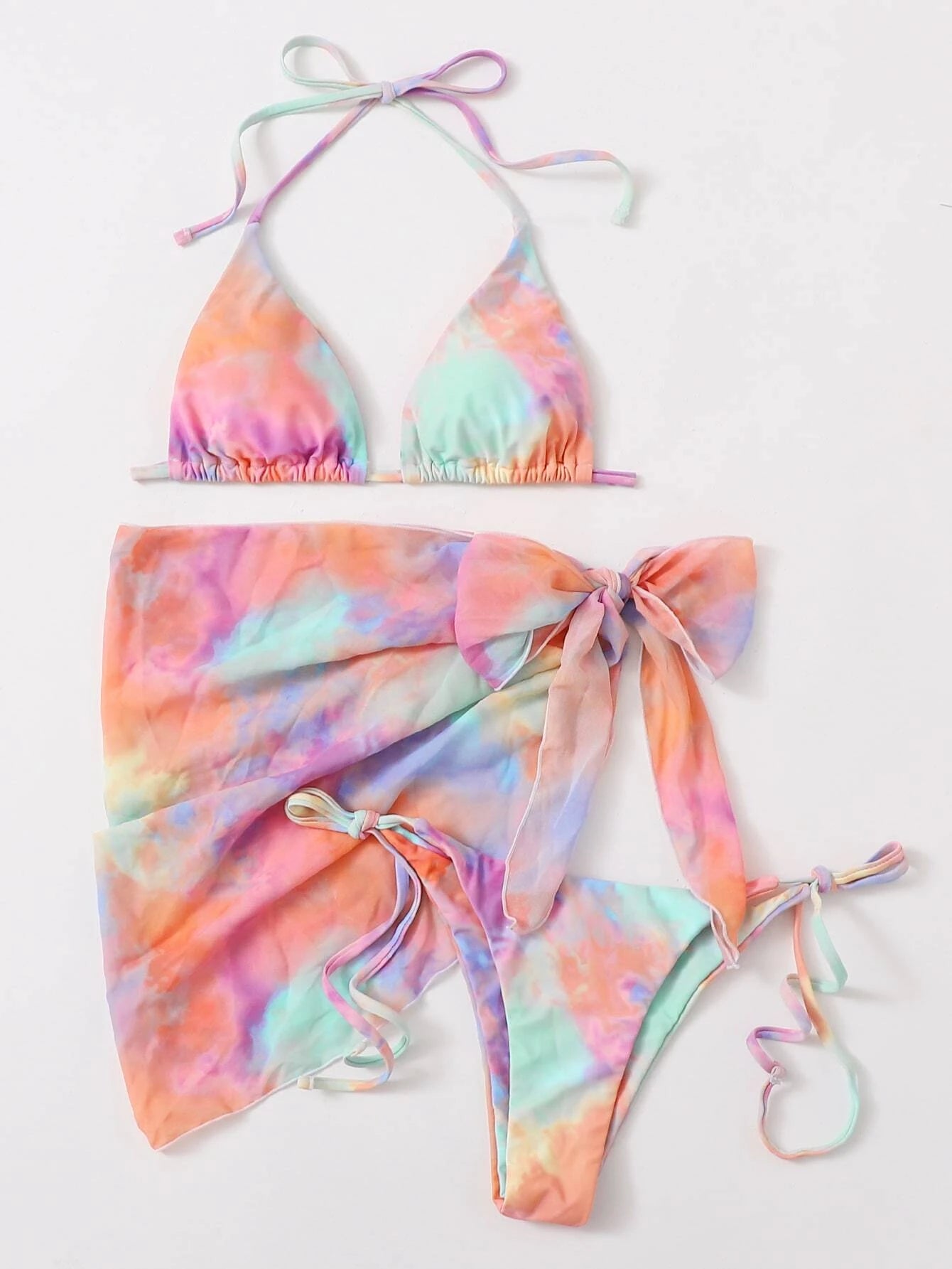 3 Pack Pastel Tie Dye Bikini & Wrap Set