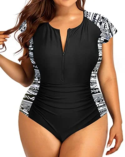 Plus Size One Piece Tummy Control Cap Sleeves Zipper Rash Guard for Women