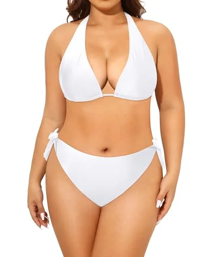 Plus Size Triangle Bikini Mid Waist Two Piece Halter Tie Side Swimsuit For Women