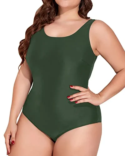 Slimming Plus Size Ruched Tummy Control One Piece Swimsuit-Army Green