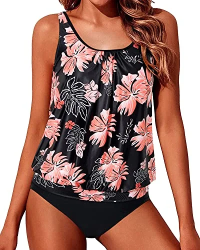 Pretty And Flattering Blouson Tankini Swimsuits For Women-Black Orange Floral