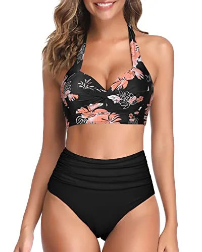 Two Piece Highwaist Bikini Adjustable Clasp Hook Closure Bathing Suit-Black Orange Floral