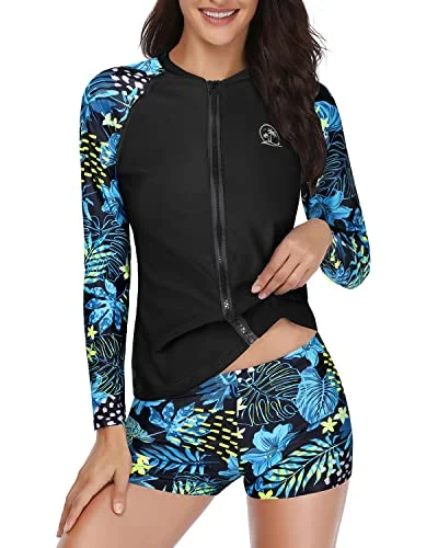 Long Sleeve Zipper Rash Guard For Women Upf 50+ Swim Shirt With Shorts-Blue Leaf