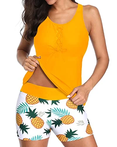 Athletic Racerback Swim Tankini Top With Loose Fit For Women-Yellow Pineapple