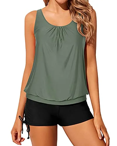 Women 2 Piece Bathing Suits Boyshorts Loose Fit Blouson Tankini Swimsuits-Olive Green