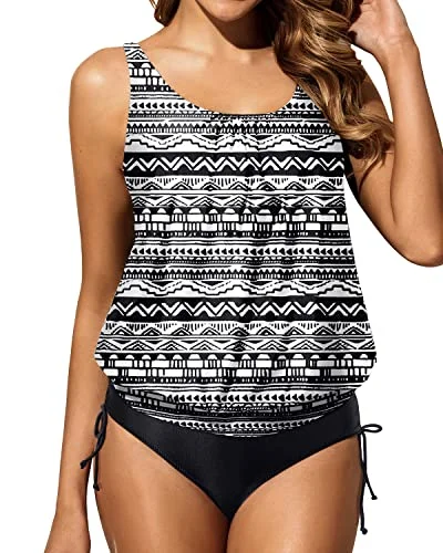 Women Tummy Control Removable Padded Push Up Cups Tankini-Black Tribal