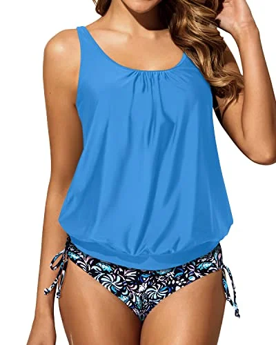 Women Blouson Tankini Swimsuits With Tummy Control Two Piece Swimsuits-Light Blue