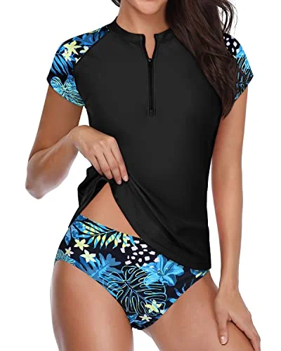 Short Sleeve Rash Guard Swimsuit With Built In Bra For Women-Blue Leaf