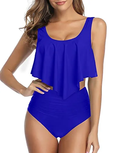 Removable Padded Push Up High Waist Ruched Bikini Swimsuit-Royal Blue