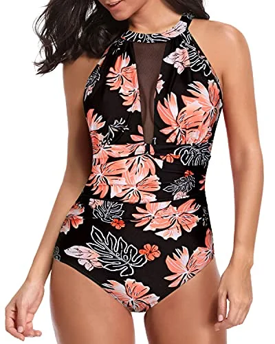 Elegant High Neck Women's Monokini Swimsuit-Black Orange Floral