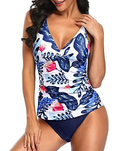 Two Piece Push Up Tankini Top Bathing Suits For Women-White And Blue Floral