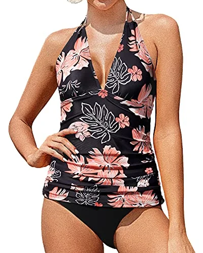 Halter Tankini Swimsuits V Neck Tummy Control Bathing Suits-Black Orange Floral