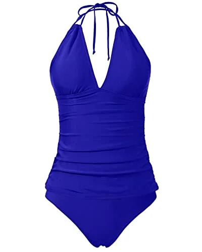 Two Piece Halter Tankini Swimsuits Bikini Bottom For Women-Royal Blue