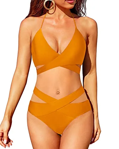 Flattering Halter Neck Bikini Top With Front Cross Ties-Yellow