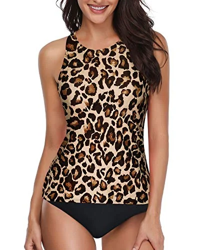 High Neck Tankini Bathing Suits For Women With Shorts-Black And Leopard