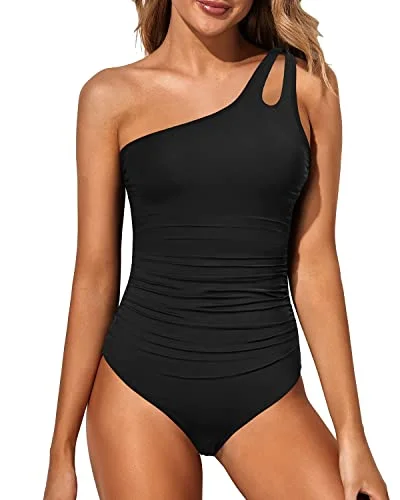 One Shoulder One Piece Swimsuit For Women Tummy Control Bathing Suits-Black