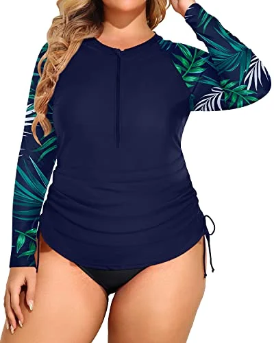 Half Zip Plus Size Two Piece Rash Guard Upf 50+ Swimsuit-Blue Leaf