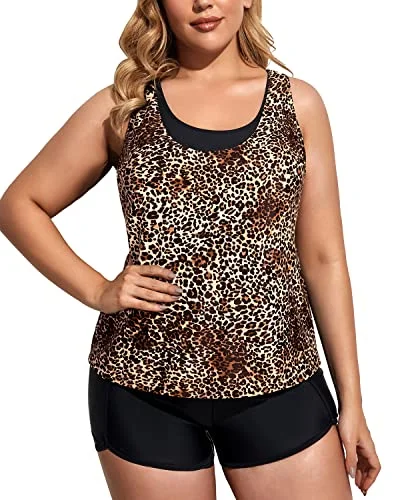 3 Piece Plus Size Tankini Swimsuits High Waisted Boy Shorts For Women-Black And Leopard