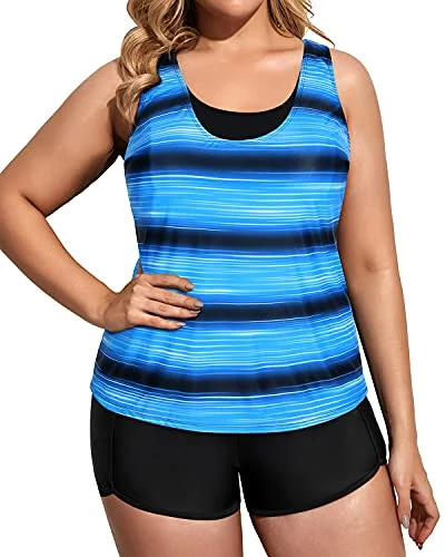 Athletic Plus Size Women's Tank Top With Sports Bra And Boy Shorts-Blue And Black Stripe