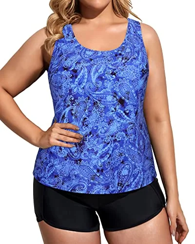 Athletic Plus Size Tank Tops With Sports Bra And Boy Shorts-Blue Black Flowers