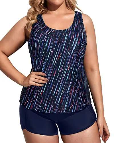 Plus Size 3 Piece Tankini Swimsuits Athletic Bathing Suits-Blue Color Bars