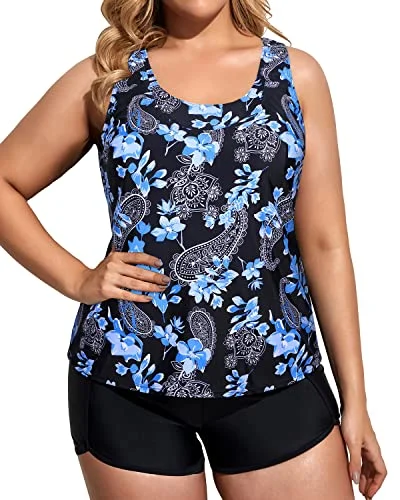 Athletic Plus Size Women's 3 Piece Tankini Swimsuits-Blue Flowers