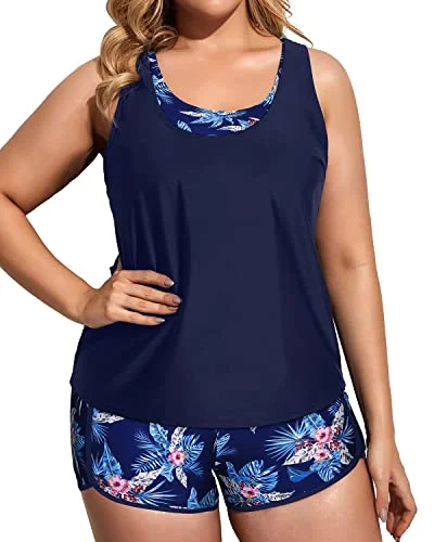 3 Piece Plus Size Tankini Swimsuits For Women Athletic Bathing Suits-Navy Blue Floral