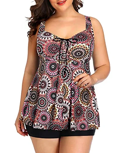 Boy Shorts Tankini Swimsuits Plus Size Flowy Swimwear For Women Shorts-Brown Print