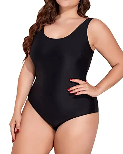 U Neck Plus Size One Piece Swimsuits Tummy Control Bathing Suits Sporty Swimwear-Black