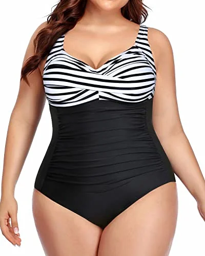 Tummy Control Retro One Piece Swimsuits Vintage Plus Size Swimwear-Black And White Stripe