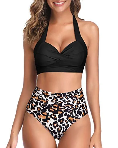 Padded Push Up Bra Halter Ruched High Waist Bikini-Black And Leopard