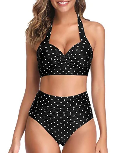 Adjustable Self-Tie Halter Neck Vintage High Waisted Bikini-Black Dot