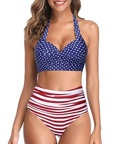 Women's Retro Halter Ruched Vintage High Waisted Bikini-Flag