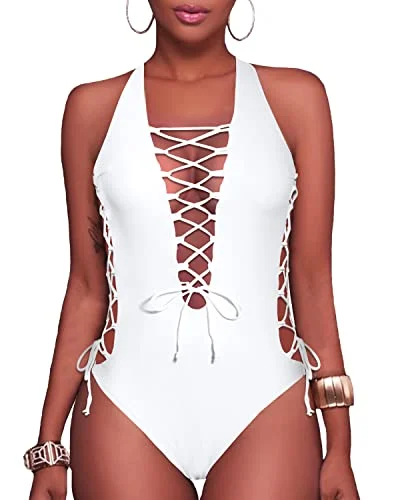 Plunge V Neck Lace Up One Piece Swimsuits-White