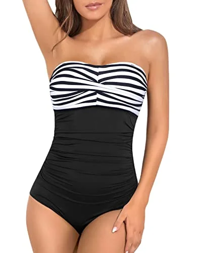 Ruched Women's Strapless One Piece Swimsuit Bandeau Bathing Suits-Black And White Stripe