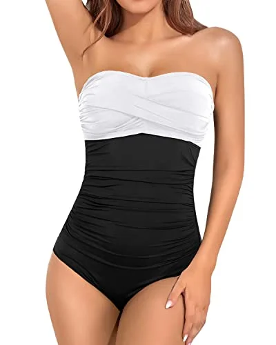 Twist Front Strapless One Piece Swimsuit Tummy Control Bandeau Bathing Suits-White